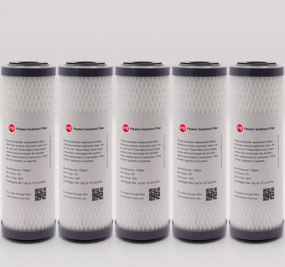 5 x 20 Micron Pleated Sediment Filter Cartridges Washable 10&quot; x 2.5&quot; Replacement