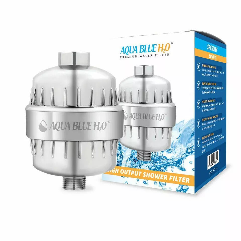 A high output chrome shower filter by AQUA BLUE H2O, showing the product and its packaging.